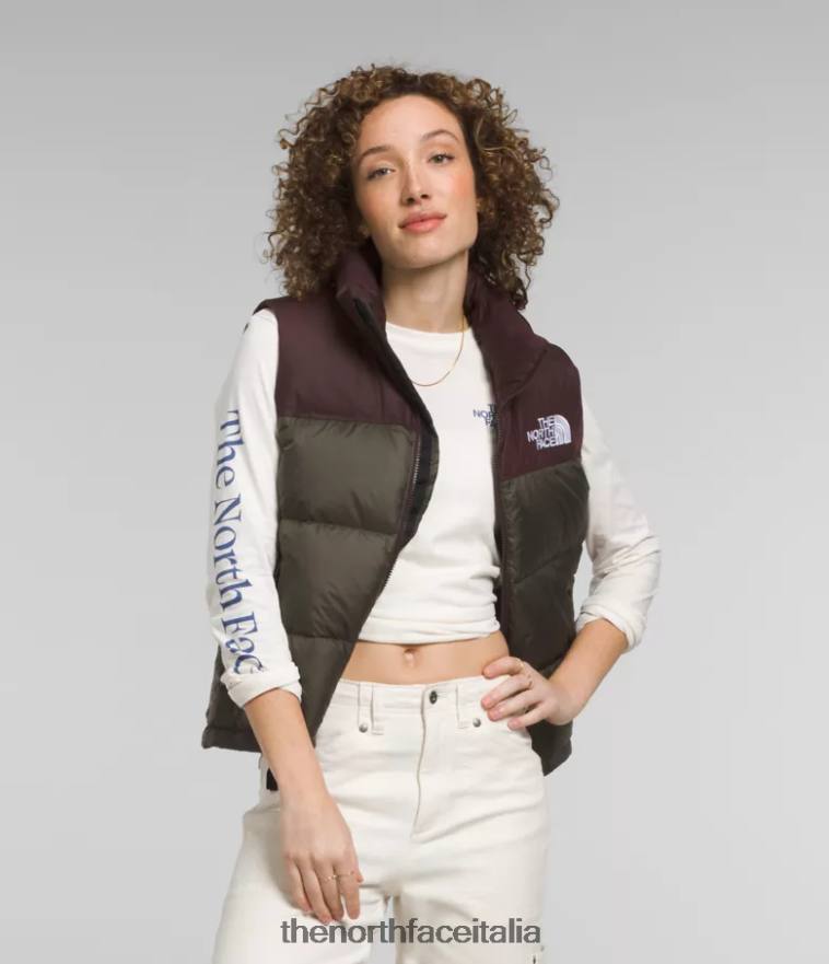 The North Face vestiario 460N8D432 nuovo verde talpa/marrone carbone donne Gilet retrò nuptse del 1996