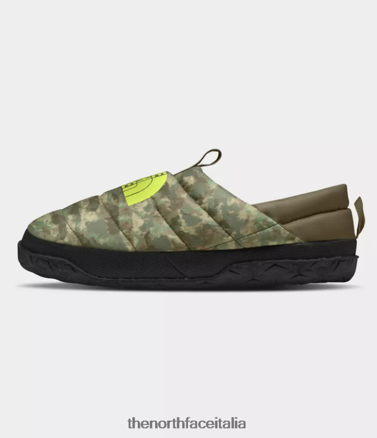 The North Face calzature 460N8D558 stampa mimetica puntinata oliva militare/giallo led uomini muli nuptse